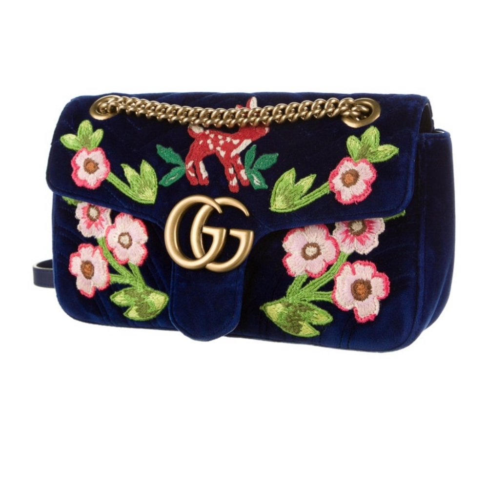 Cobalt matelassé velvet Gucci Small Marmont shoulder bag